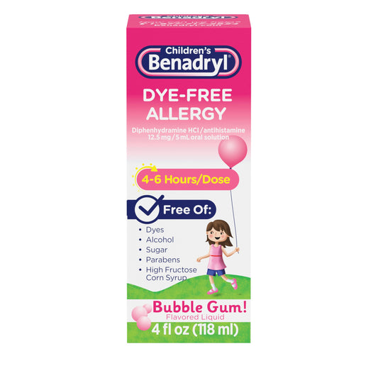 Benadryl Children's Dye-Free Allergy Relief Liquid + 12.5 mg Diphenhydramine HCl, Antihistamine Allergy Medicine for Kids Helps Relieve Runny Nose & Sneezing, Bubble Gum Flavor, 8 fl. oz