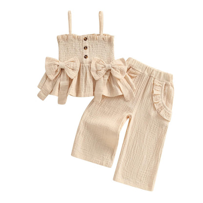 Toddler Baby Girl Clothes Tie-Up Strap Ruffle Camisole Tops Linen Pants Set Little Girls Summer Outfits