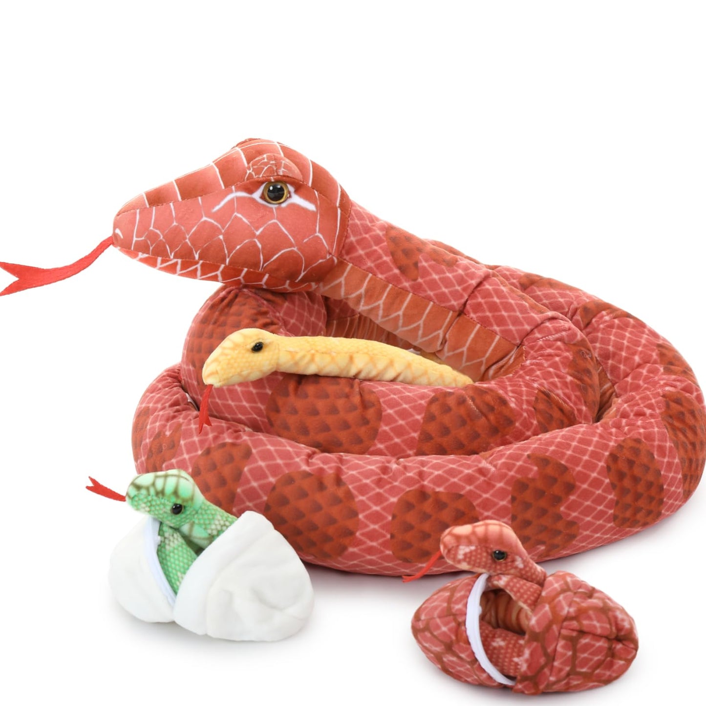 MorisMos Snake Stuffed Animals Plush Toy 120 Inch Giant Snake Plush with Babies Stuffed Snake Toys for Kids Plush Party Decorations Favors Prank Props, 4 Snake Babies, 3 Snake Eggs