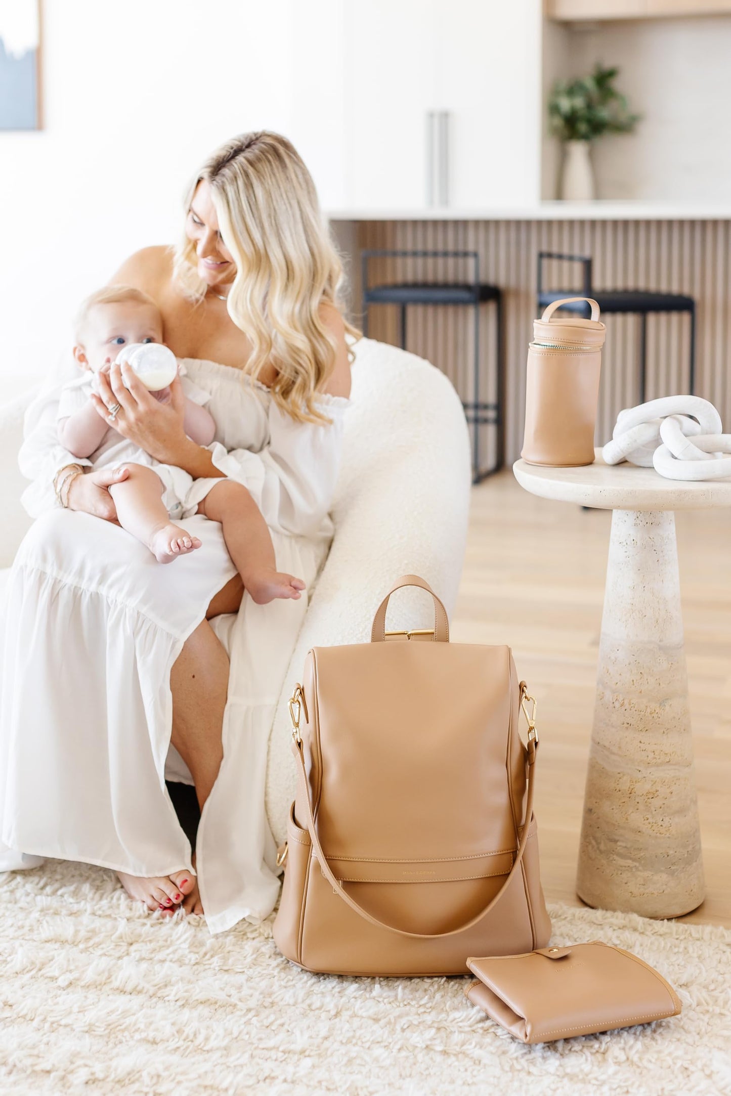 Leather Diaper Bag Backpack with USB Charging port, Changing Pad, Stroller Straps, and Bottle Holder (Brown Olivia)
