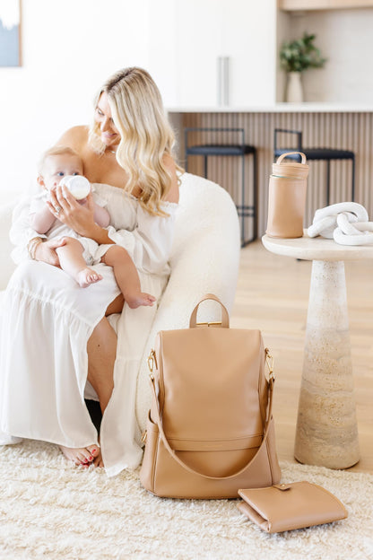 Leather Diaper Bag Backpack with USB Charging port, Changing Pad, Stroller Straps, and Bottle Holder (Brown Olivia)