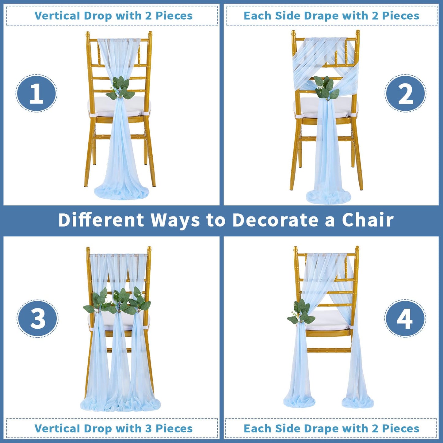 QueenDream Light Blue Sashes Chair Aisle Decorations: 24 Pack Baby Shower Chair Cover 8FT Long Tulle Draping Fabric Wedding Reception Church