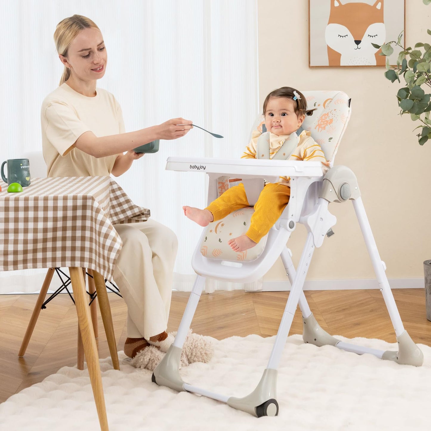 BABY JOY Convertible High Chair for Babies & Toddlers, Height Adjustable, Grow & Go High Chair w/Recline & Footrest, Removable Double Tray, Portable Baby Dinning Chair with Wheels (Beige)