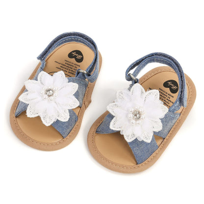 Baby Girls Princess Sandals, Big Rhinestone Flower Open Totes Anti-Skid Soft Sole Walking Shoes, Ankle Stick-On Summer Foot Wear