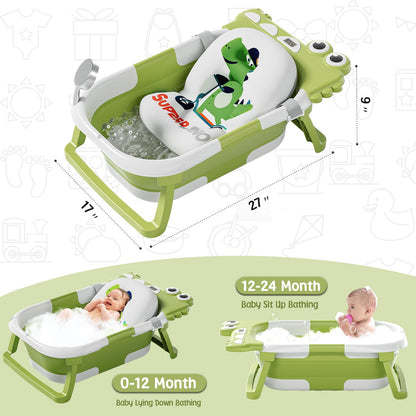 MoreFeel Collapsible Baby Bathtub for Newborn with Thermometer & 1 Hooded Towel & 1 Soft Floating Cushion,Portable Travel Bathtub with Drain Hole, Durable Foldable Baby Tubs for Infants to Toddler