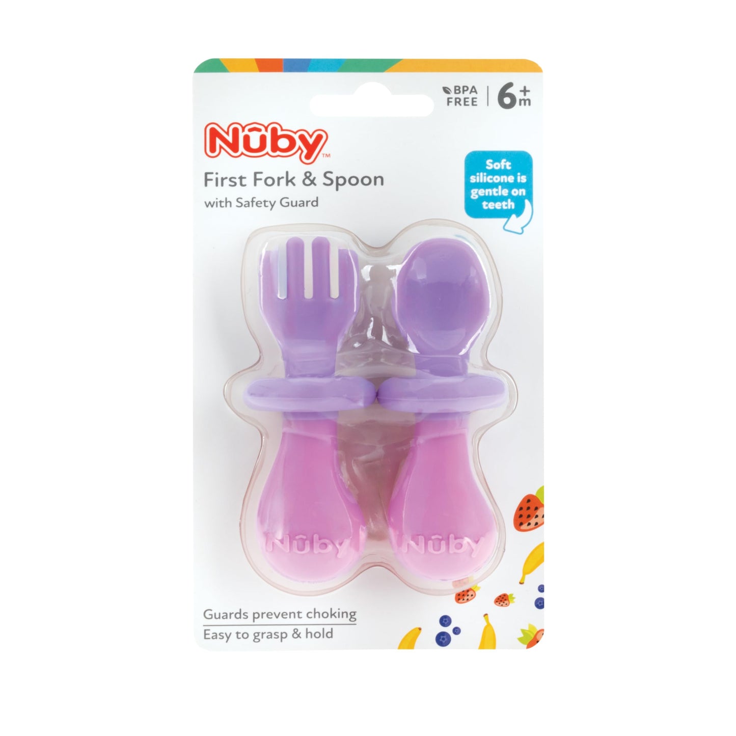Nuby First Fork and Spoon Set - Utensils with Safety Guards for Babies 6+ Months - Green and Blue