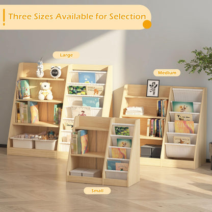 White Kids Bookshelf Wood Toy Storage Organizer Cabinet Children Bookcase Toddler Baby Sling Book Rack 3 Cube Bins Fabric Drawers for Playroom Bedroom Nursery School