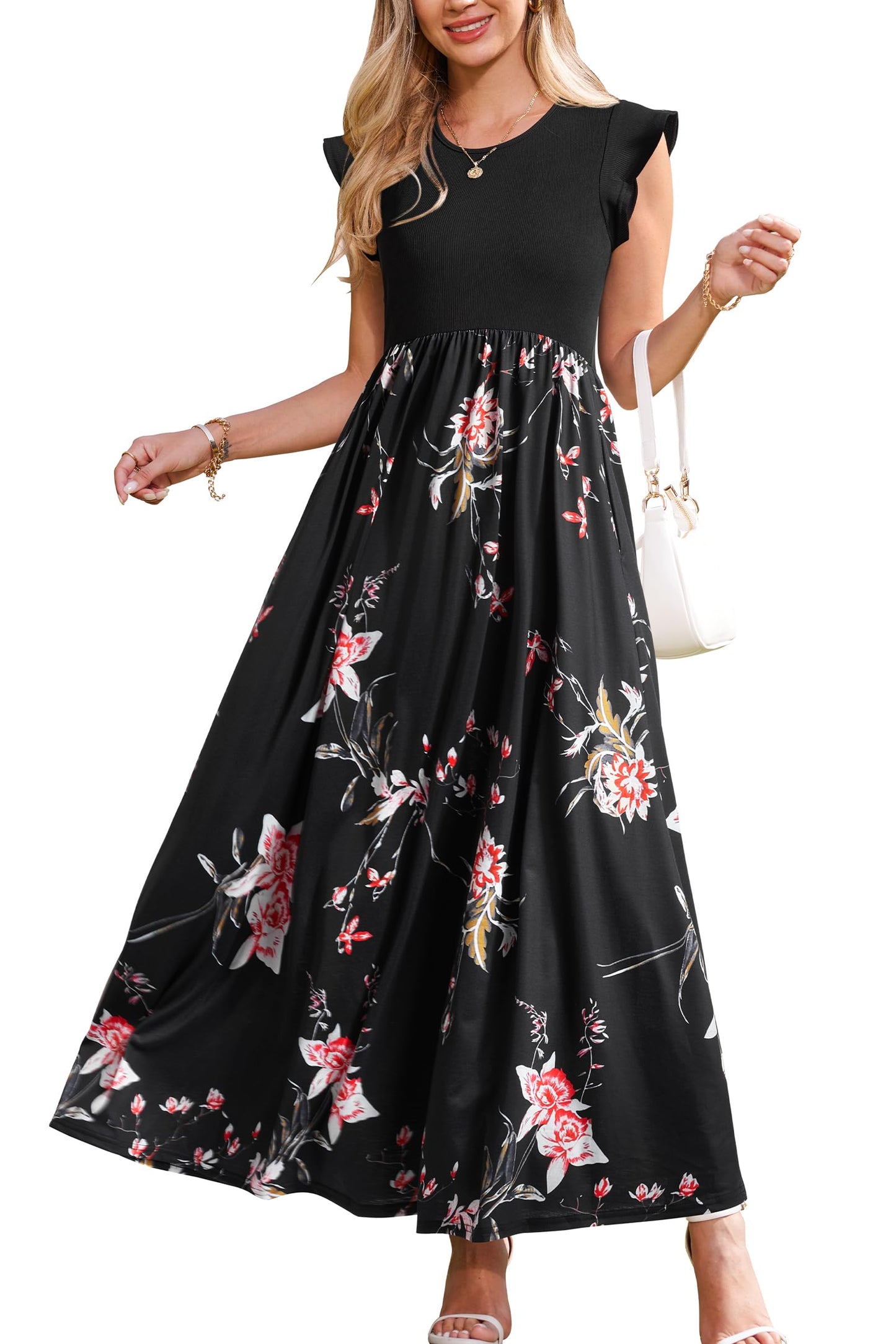 OUGES Women 2025 Spring Summer Dresses Maternity Sleeveless Ribbed Fashion Casual Outfits Maxi Dress with Pockets