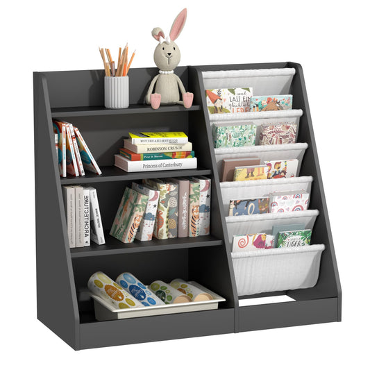 White Kids Bookshelf Wood Toy Storage Organizer Cabinet Children Bookcase Toddler Baby Sling Book Rack 3 Cube Bins Fabric Drawers for Playroom Bedroom Nursery School