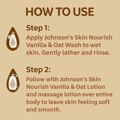 Johnson's Skin Nourish Moisturizing Baby Lotion for Dry Skin with Vanilla & Oat Scents, Gentle & Lightweight Body Lotion for the Whole Family, Hypoallergenic, Dye-Free, 16.9 fl. oz