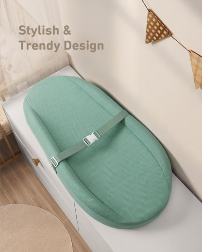 Blissful Diary Baby Changing Pad with Waterproof Lining Foam, Includes a Soft & Washable Cover, Contoured Changing Table Pads for Dresser Top with Non-Slip Bottom, 32”×16” (Grey, Avocado)