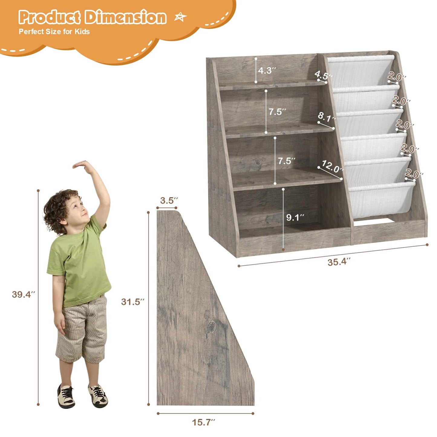 White Kids Bookshelf Wood Toy Storage Organizer Cabinet Children Bookcase Toddler Baby Sling Book Rack 3 Cube Bins Fabric Drawers for Playroom Bedroom Nursery School