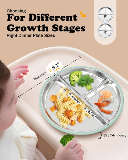 Stainless Steel Baby Plate with Suction, 9” Divided Toddler Plates with Removable Silicone Sleeves for Kids, Non-Toxic Non-Slip Unbreakable Dishwasher Safe Dinnerware Set of 2, Pink & Beige