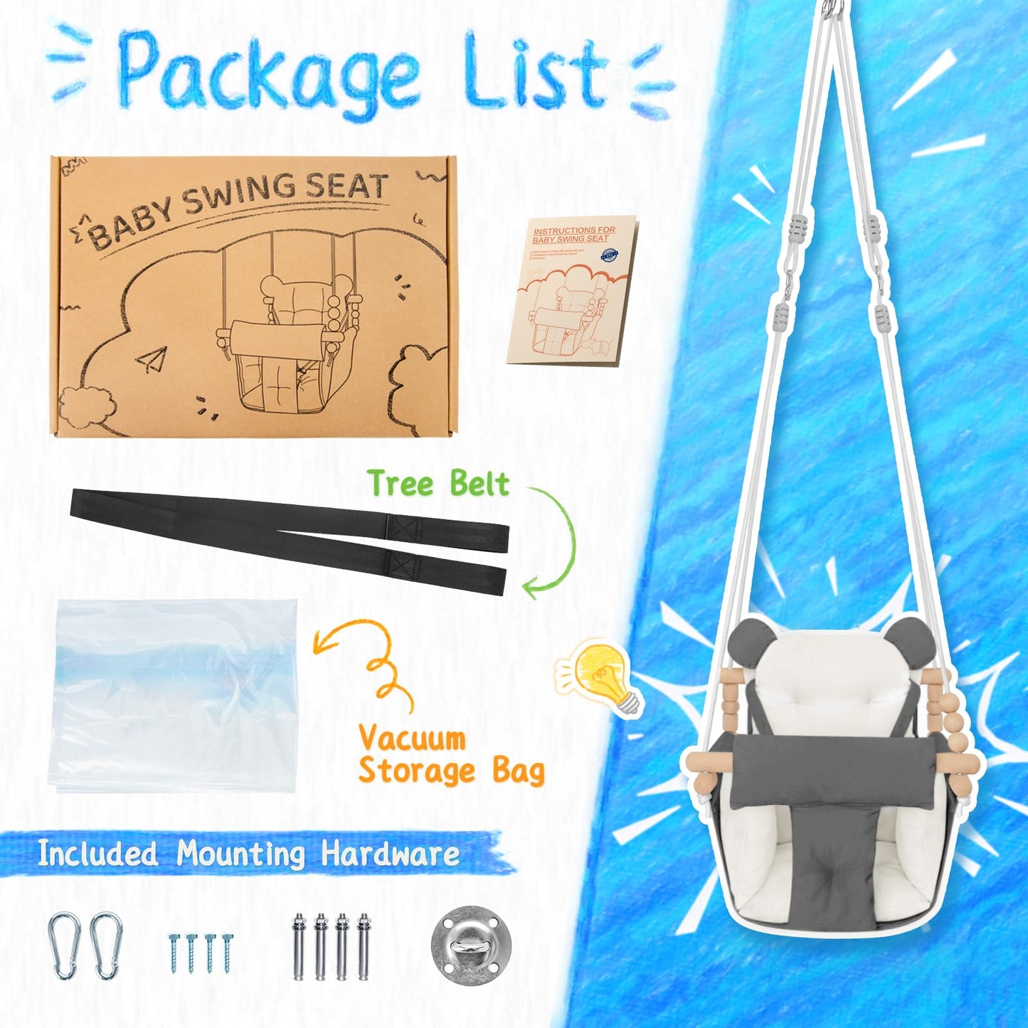 Baby Swing Indoor Outdoor,Secure Canvas Wooden Toddler Swing Seat, 3-Point Adjustable Safety Harness,Mounting Hardware Included,Gift for Boys and Girls,White
