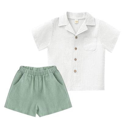 XMWEALTHY Toddler Baby Boy Summer Clothes Color Block Short Sleeve Button-down Shirt Tops + Cotton Pants Outfit Set