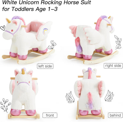 Baby Rocking Horse,Unicorn Wooden Rocking Horse for Toddlers 1 Year Old Cute Pink Stuffed Plush Ride-on Rocking Animal for Baby Girls Nursery/Child Christmas or Birthday Gift