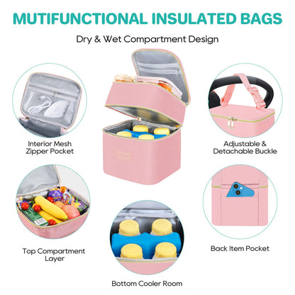 PIIOSER Baby Bottle Tote Bag with Ice Pack, Fits 4 Baby Bottles Up to 9 Ounce, Small Insulated Breastmilk Cooler Travel Bag with Shoulder Strap for Nursing & Working Mom Daycare (Cream-S)