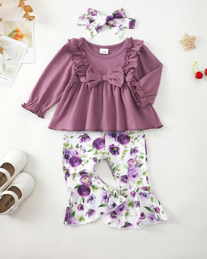 Toddler Baby Girl Clothes Fall/Winter Girls Outfits Ruffle Long Sleeve Tops Floral Flared Pants Girls' Clothing Sets
