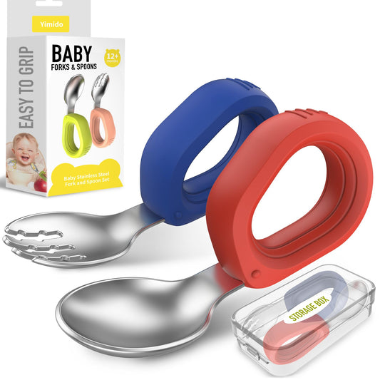 Toddler Utensils - Baby Forks and Spoons Set - Kids Stainless Steel Silverware - Children Safe - Self Feeding - Dishwasher Safe (Orange + Green)