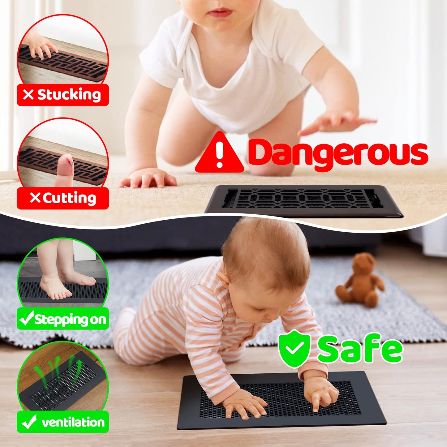 Orzbow Baby Proofing Soft Silicone Vent Cover for Home Wall/Ceiling/Floor Register,Child Proof Floor Air Vent Deflector Cover,Catches Debris Hair & Prevents Creepy Crawlies,Easy Install, Khaki,2 Pack
