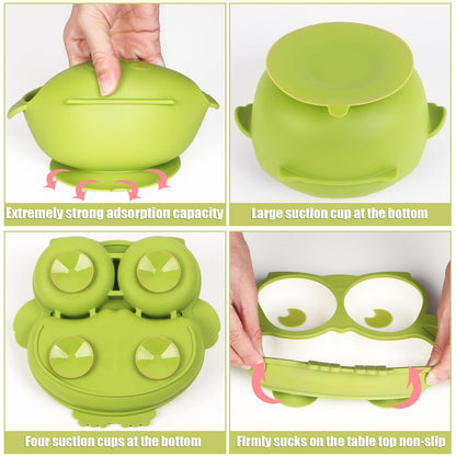 Silicone Baby Feeding Set 11 Piece, Baby Led Weaning Feeding Supplies, Strong Suction Bowl & Suction Plate, Adjustable Bibs, 4-in-1 Cup, Silicone Spoon & Fork, Food-grade Silicone (Green)