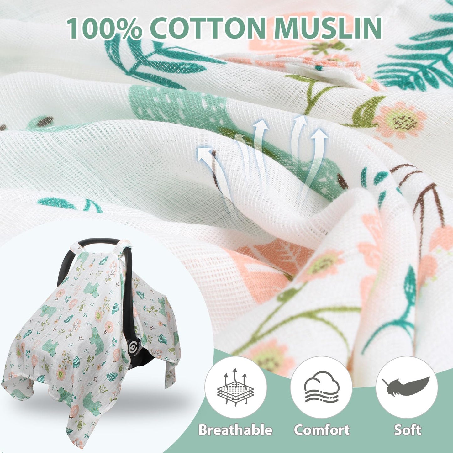 Muslin Baby Car Seat Cover, Breathable Infant Car Seat Cover Lightweight Carseat Canopy Covers for Babies, Universal Fit Stroller Cover for Summer Spring/Hot Days/Warm Weather