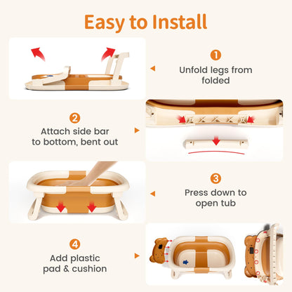 Collapsible Baby Bathtub for Newborn to Toddler (0-18 M) - Portable Baby Tub with Thermometer, Newborn Bathtub with Soft Towel and Floating Cushion (Brown)
