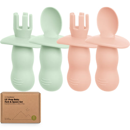 KeaBabies 4-Pack Silicone Baby Spoons and Forks Set - Baby Led Weaning Utensils 6-12 Months, Self Feeding Toddler Spoon & Fork for Training, Teething, Easy to Hold, BPA-Free Silicone (Roseate)