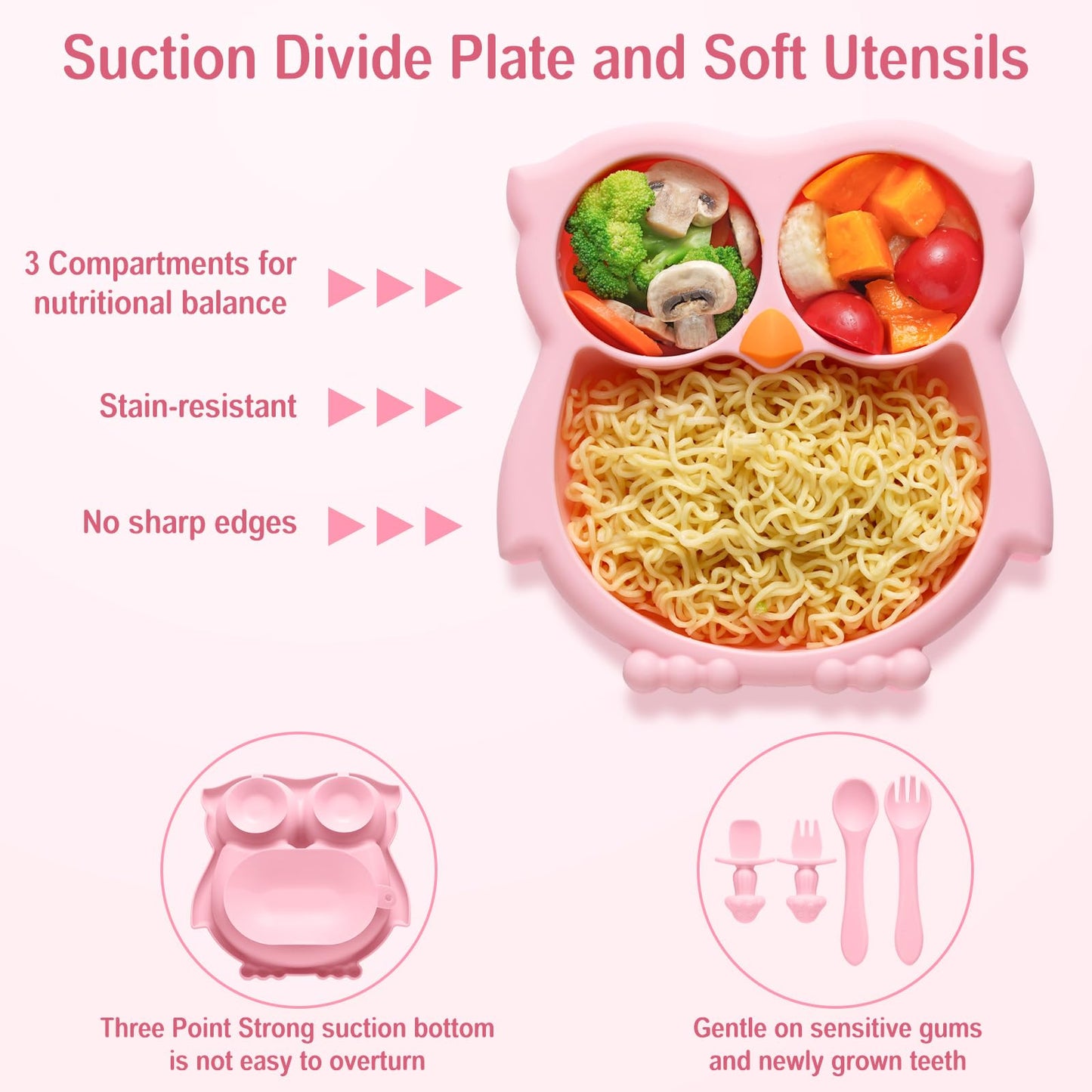 Silicone Baby Feeding Set, 8 Pcs Baby Led Weaning Supplies, Baby Feeding Essentials for 6+ Months, Toddler Weaning Set with Bib, Baby Plate and Bowl with suction(Pink-ToiyBosm Design)