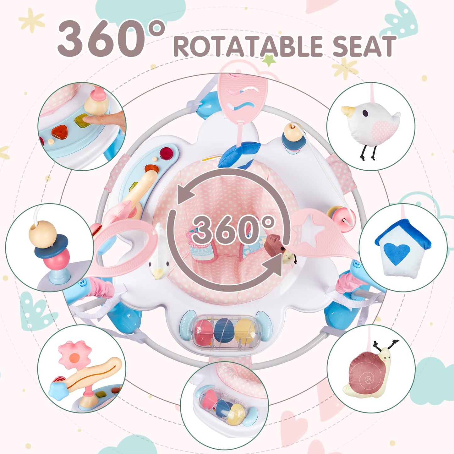 Baby Activity Center, 3-in-1 Baby Jumper, Infant Activity Center with 360° Rotating Seat, Music, Lights, 3 Adjustable Heights, Infant Activity Jumper for 6+ Months JP2401