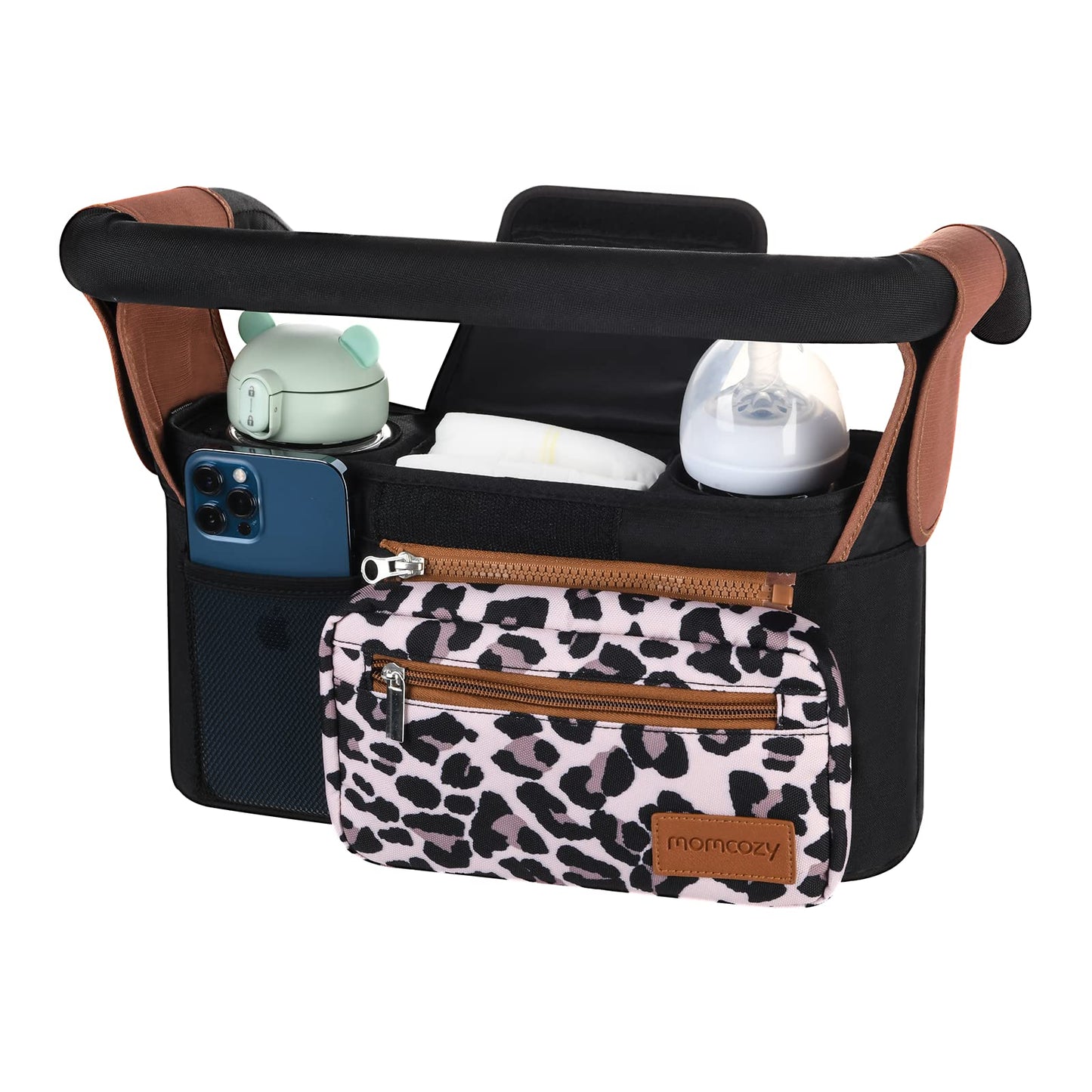 Momcozy Universal Stroller Organizer, 2 Insulated Cup Holders, Removable Zip Pocket, Adjustable Straps, Large Capacity Baby Essentials Compact Design, Fits Any Stroller (Multicolor)