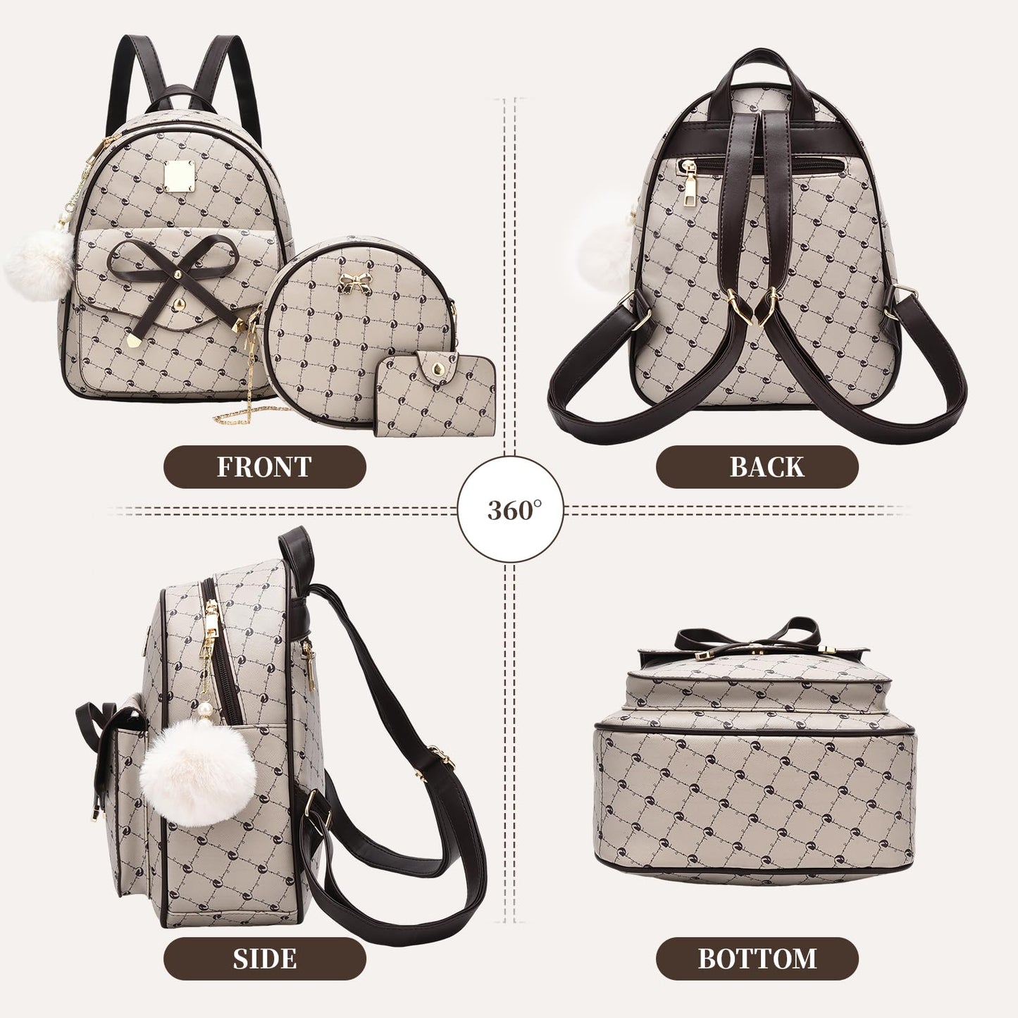 I IHAYNER Girls Bowknot 3-Pieces Fahsion Leather Backpack Backpack Purse for Women Rucksack for Ladies Shoulder Bag
