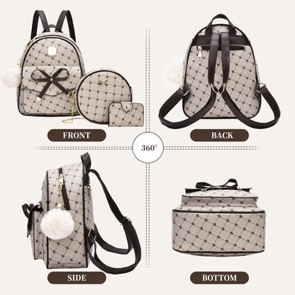 I IHAYNER Girls Bowknot 3-Pieces Fahsion Leather Backpack Backpack Purse for Women Rucksack for Ladies Shoulder Bag