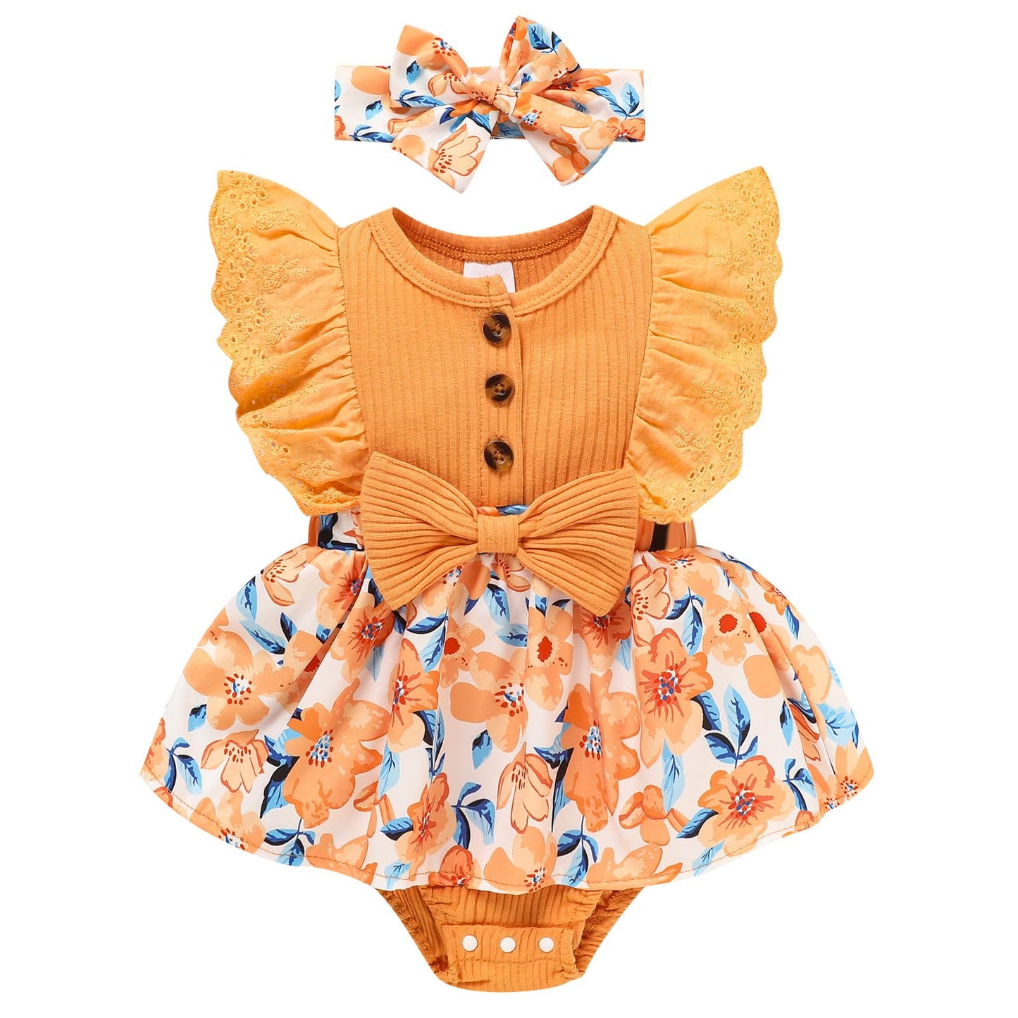 Sinhoon Baby Girl Clothes Newborn Ruffled Sleeveless Romper Floral Dreesy Bodysuit Heaedband 3pcs Baby Girl Summer Clothes