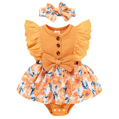 Sinhoon Baby Girl Clothes Newborn Ruffled Sleeveless Romper Floral Dreesy Bodysuit Heaedband 3pcs Baby Girl Summer Clothes