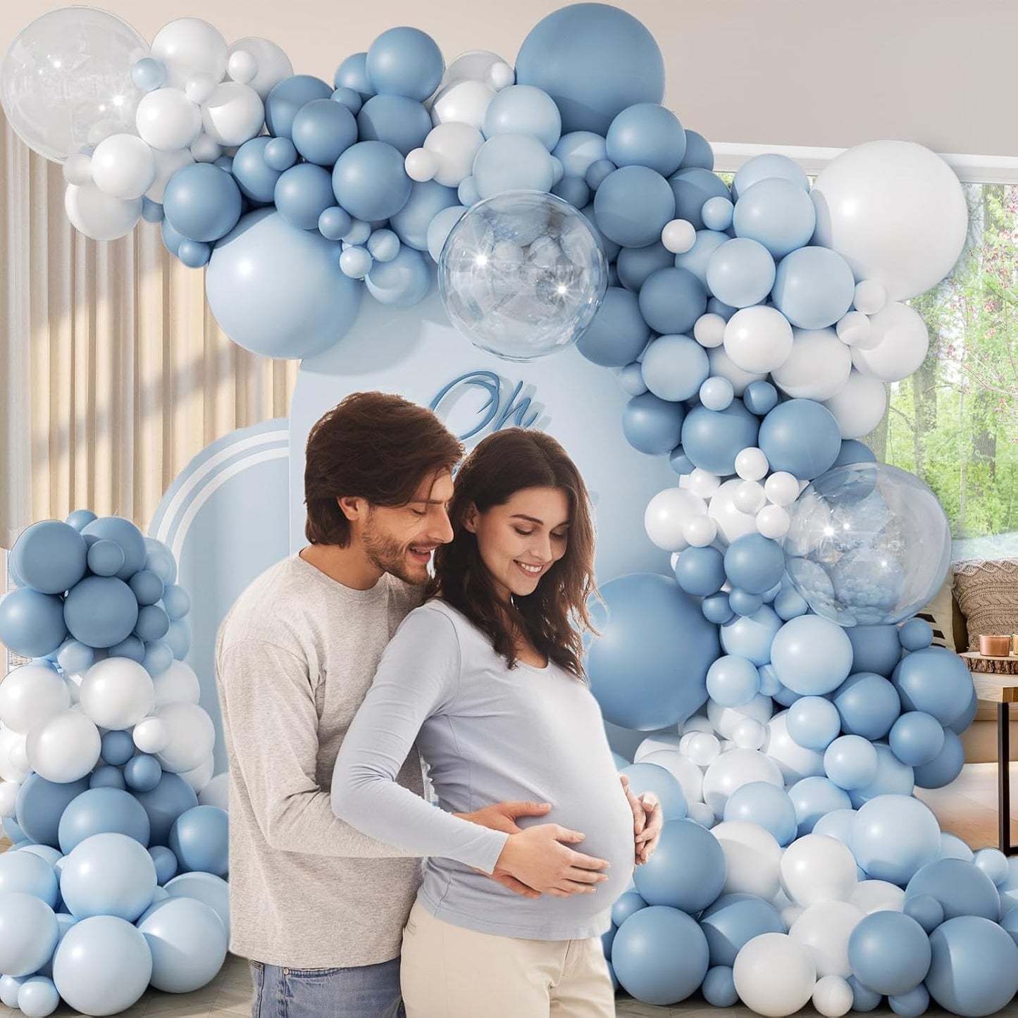 119pcs Dusty Blue Balloon Arch Garland Kit, Blue & White Balloon Arch Kit with Dusty Blue, Pastel Blue, White Clear Balloons for Bridal, Baby Shower Party Decorations