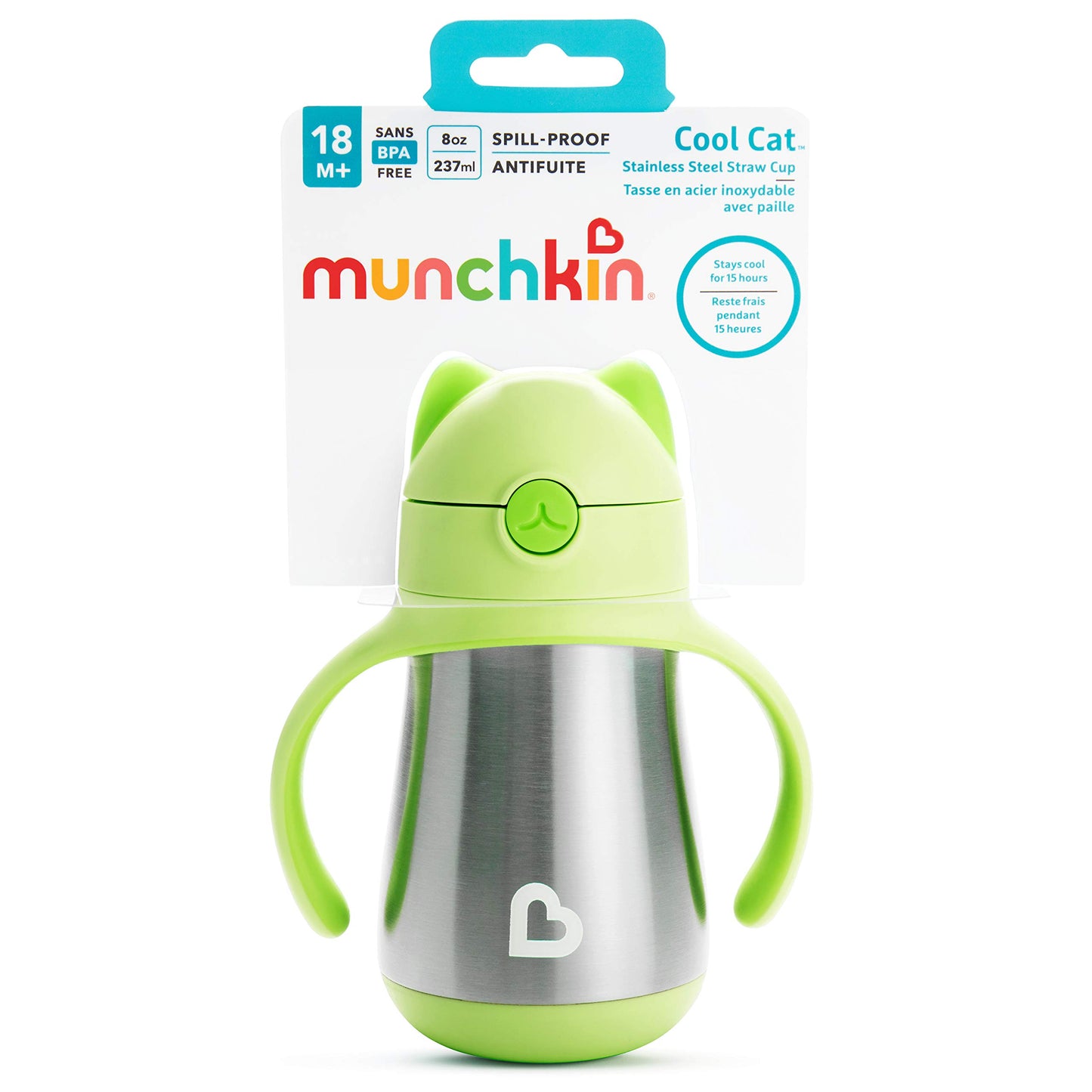 Munchkin Cool Cat Sippy Cup for Toddlers, Stainless Steel Straw Cup, 8 Ounce, Pink