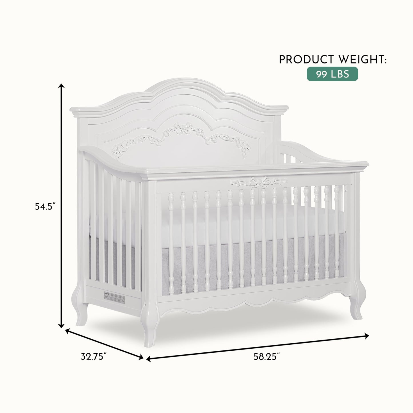 Evolur Aurora 5-in-1 Convertible Crib in Ivory Lace, Greenguard Gold Certified, Features 3 Mattress Height Settings, Sturdy and Spacious Baby Crib, Wooden Furniture