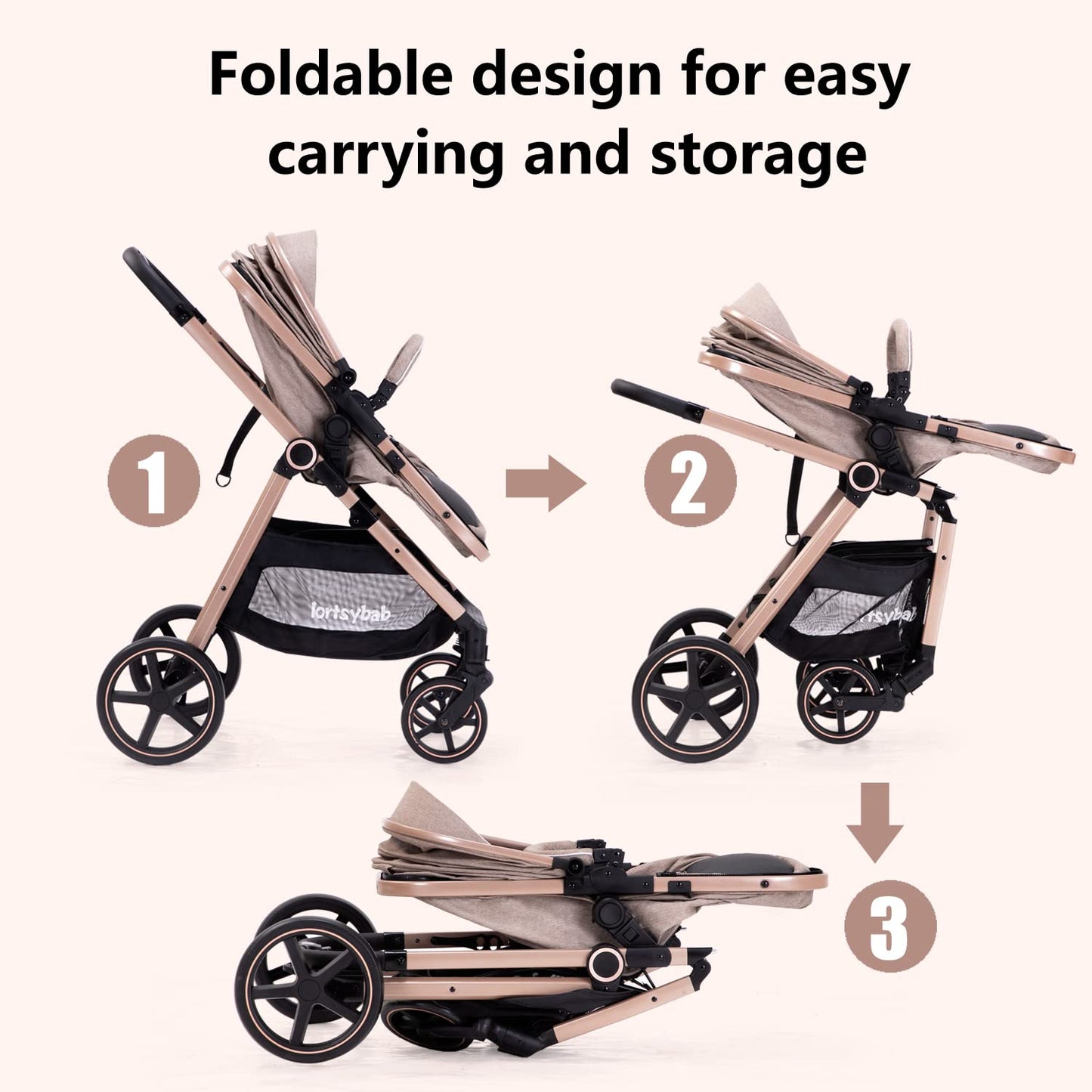 2-in-1 Baby Stroller with Bassinet Mode - Folding Infant Newborn Pram Stroller with Reversible Seat - Toddler Strollers for 0-36 Months Old Babies (Beige)