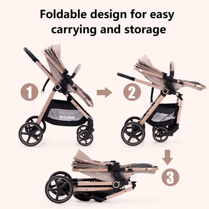 2-in-1 Baby Stroller with Bassinet Mode - Folding Infant Newborn Pram Stroller with Reversible Seat - Toddler Strollers for 0-36 Months Old Babies (Beige)