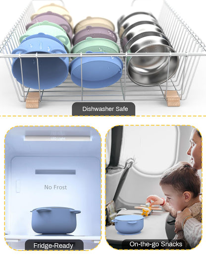 Baby Suction Bowls with Lids 4-Pack, 2-in-1 Stainless Steel 304 Toddler Bowl & Removable Silicone Suction Kids Bowl Plate Set Non Toxic Snack Dishes for Self-Feeding, Sunrise Meadow