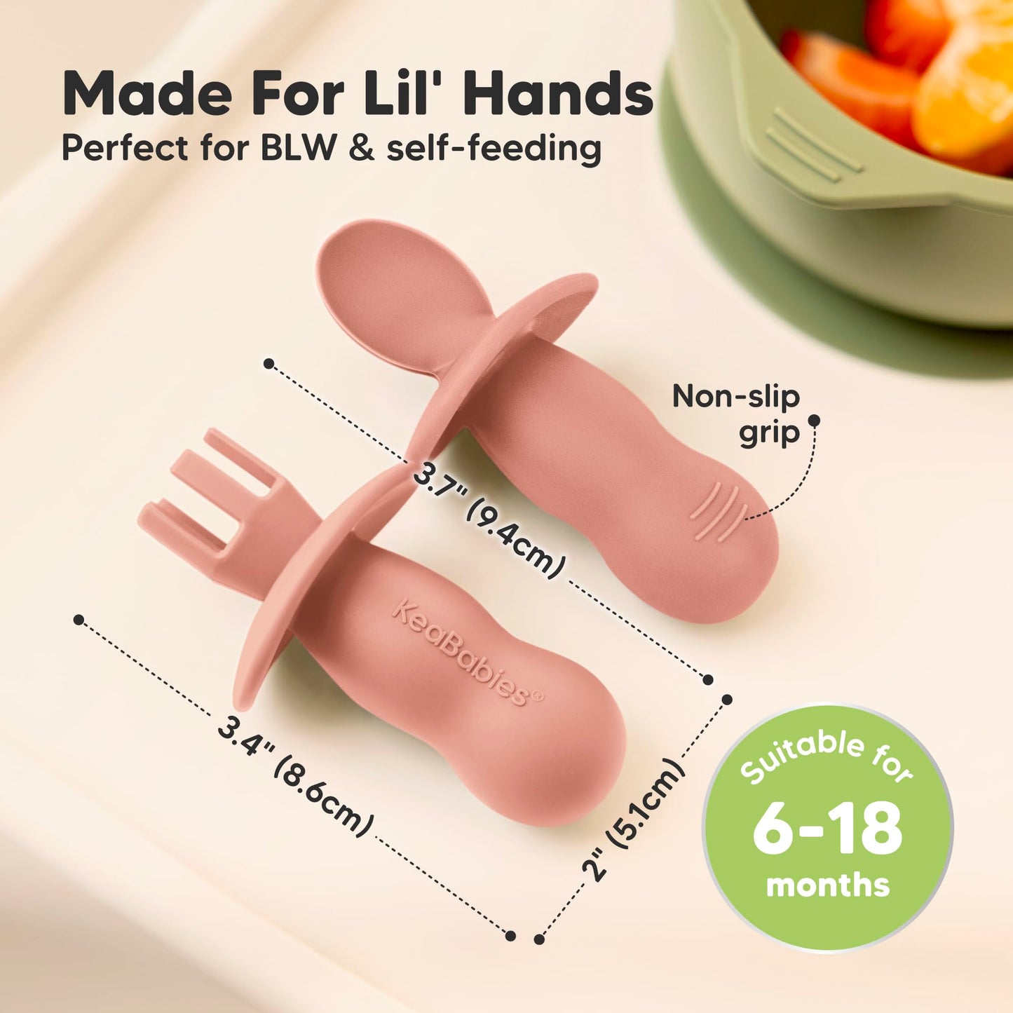 KeaBabies 4-Pack Silicone Baby Spoons and Forks Set - Baby Led Weaning Utensils 6-12 Months, Self Feeding Toddler Spoon & Fork for Training, Teething, Easy to Hold, BPA-Free Silicone (Roseate)