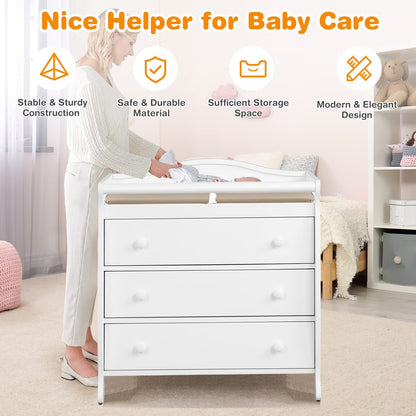 Costzon 3-Drawer Changing Table, Infant Diaper Changing Station with Drawers, Safety Rails & Strap, Baby Changing Table Dresser for Nursery, Easy Assembly (Brown)