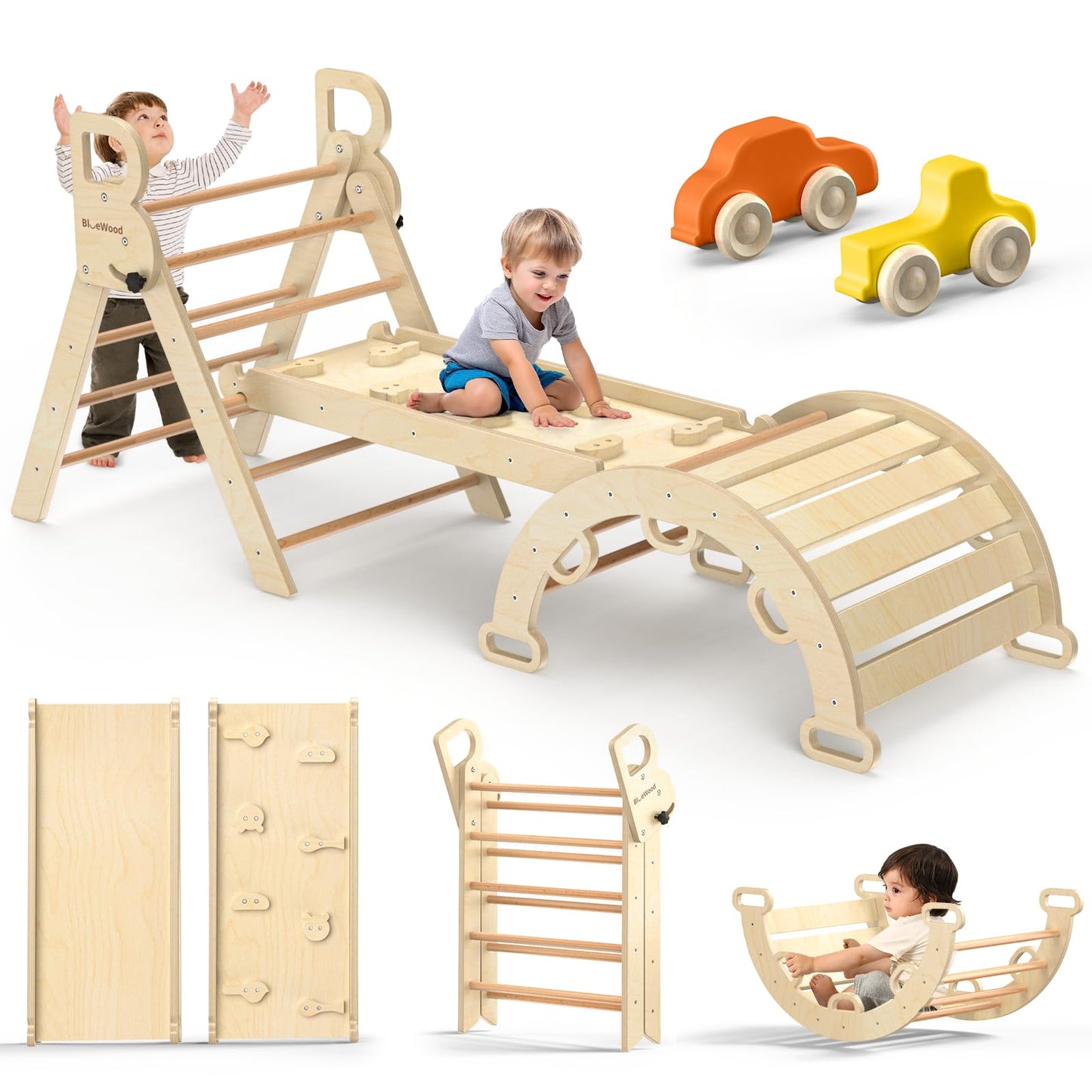 BlueWood Pikler Triangle Set 7-in-1 Foldable Baby Climbing Wooden Toys with Arch&Ramp&Ladder Climber Indoor Jungle Gyms for Toddlers - Rainbow