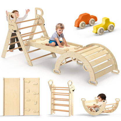 BlueWood Pikler Triangle Set 7-in-1 Foldable Baby Climbing Wooden Toys with Arch&Ramp&Ladder Climber Indoor Jungle Gyms for Toddlers - Rainbow