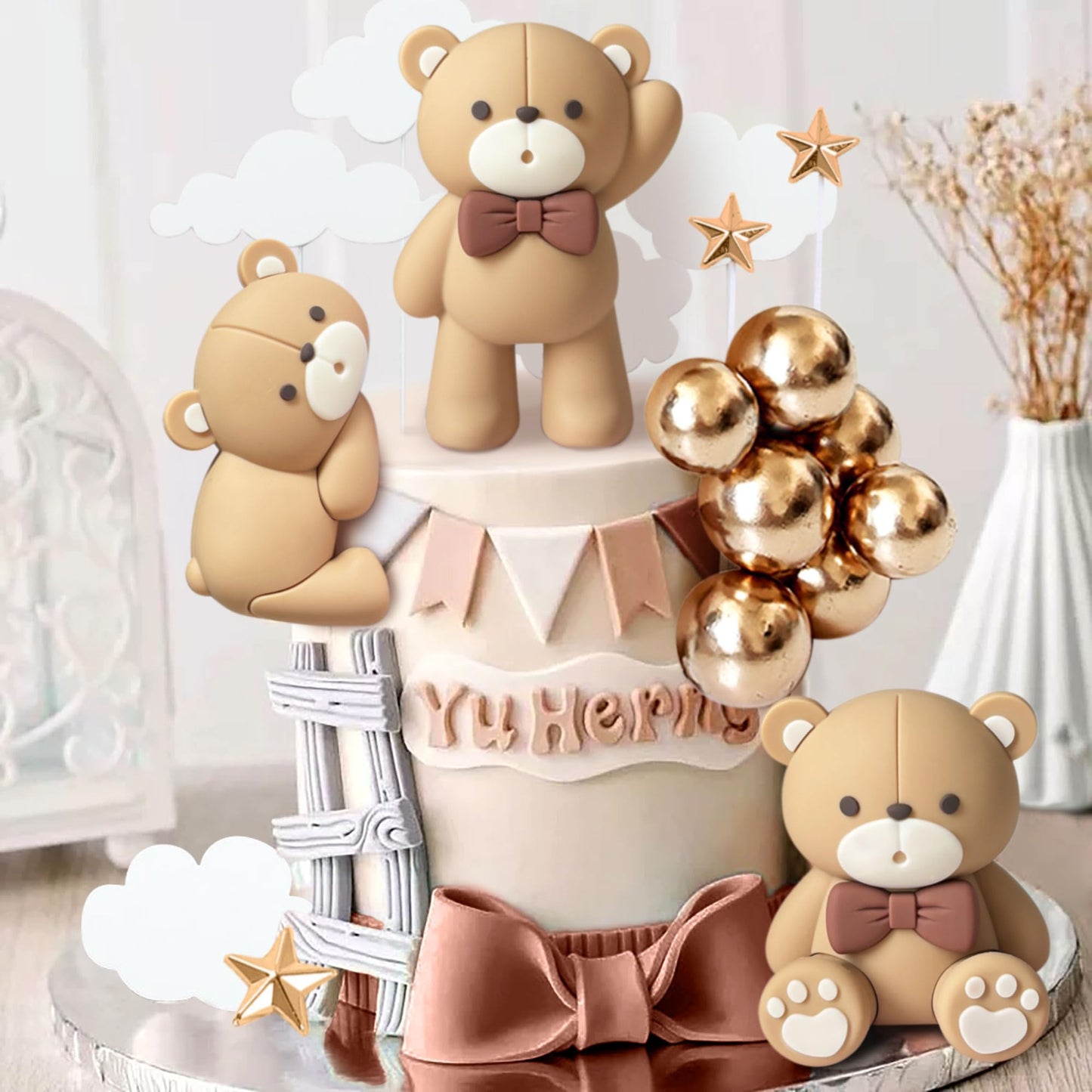 JeVenis Luxury Pink Bear Cake Decoration Baby Bear Baby Shower Cake Topper Bears Train Cake Decoration Baby Shower Birthday Cake Decoration