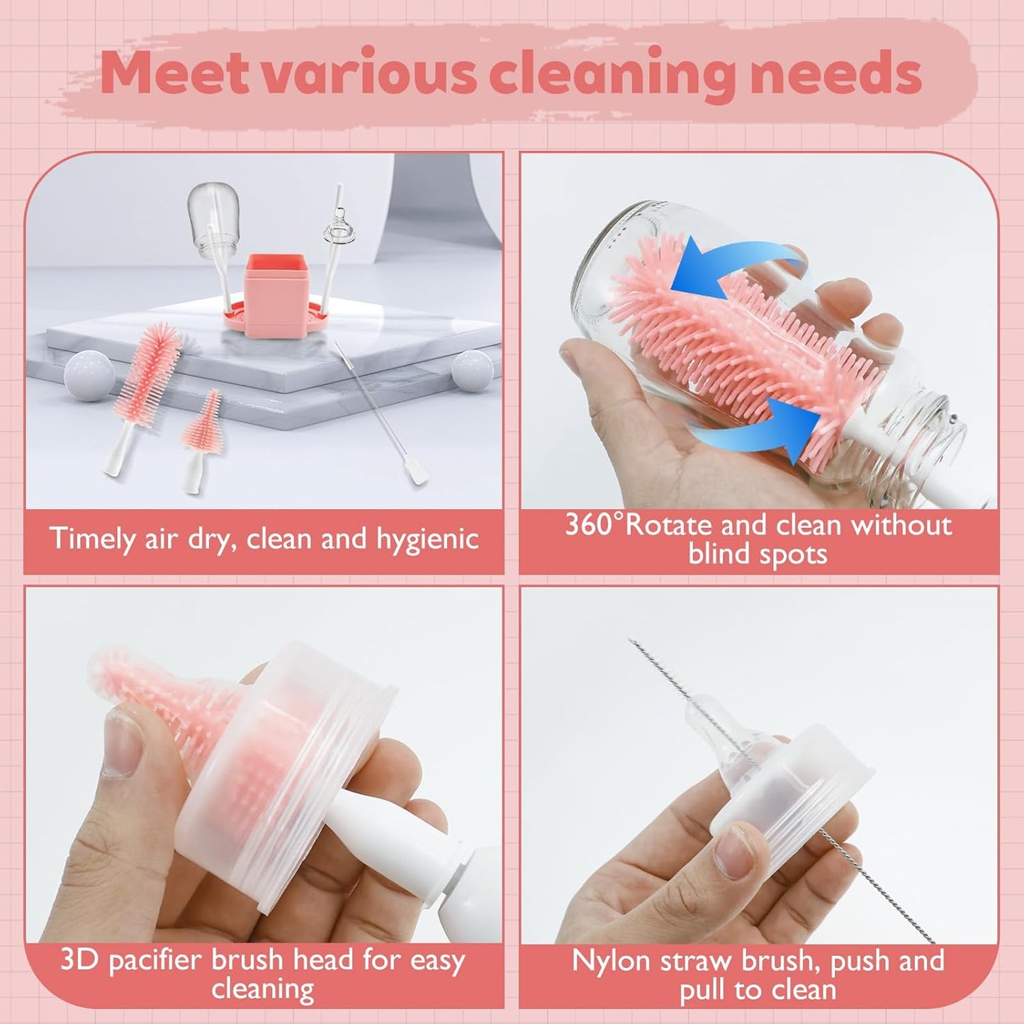 Bottle Brush Cleaning Set with Storage Holder, Adjustable Cleaning Power, Silicone Plastic LED Display Bottle Cleaner Brush for Long Narrow Neck Bottles, Water Bottles, Baby Bottles, Tumblers (Pink)
