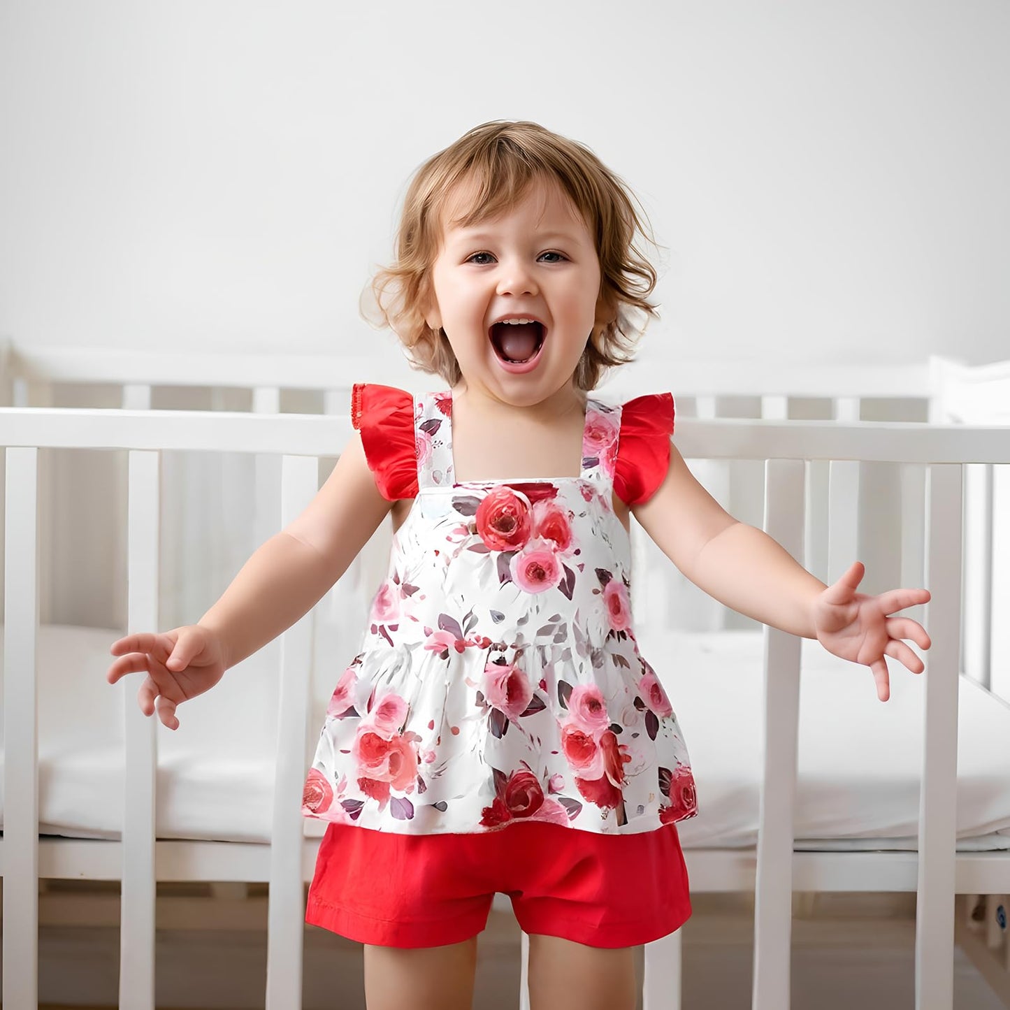 3-18M Newborn Baby Girl Pink Outfits Set Ruffle Sleeve Floral Top + Soild Shorts with Belt