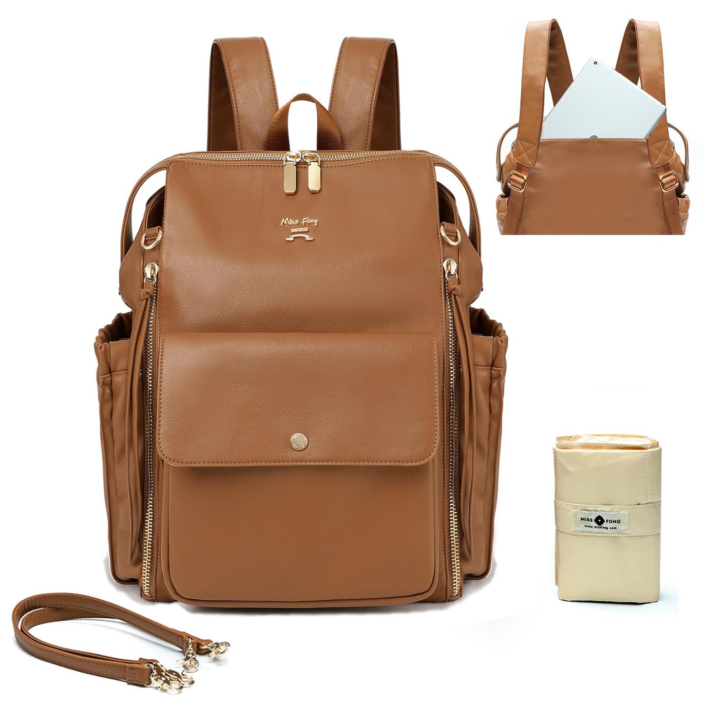 miss fong Diaper Bag Backpack Baby Diaper Bag for Girls and Boys, Leather Purse with 13 Pockets Diaper Bag Organizer,Changing Pad,Stroller Straps,4 Insulated Pockets