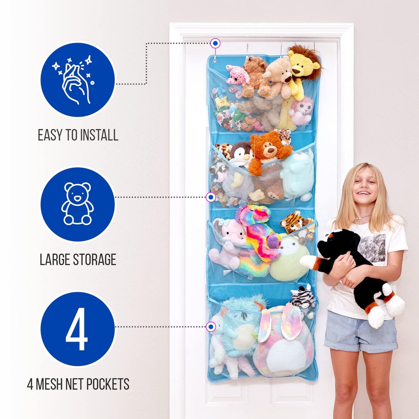 Lilly's Love Corner Stuffed Animal Toy Storage Hanging Organizer | 5 Expandable Mesh Net Pockets, Stores Loads of Plush Toys | Large Plushie Display for Boys, Girls | Pink